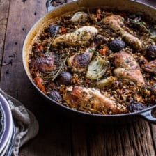 One-Pot Autumn Herb Roasted Chicken with Butter Toasted Wild Rice Pilaf.