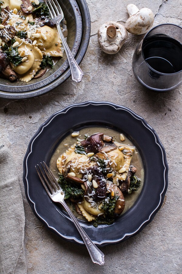 Taleggio Ravioli with Garlicy Butter Kale and Mushroom Sauce + Toasted Pine Nuts | halfbakedharvest.com @hbharvest