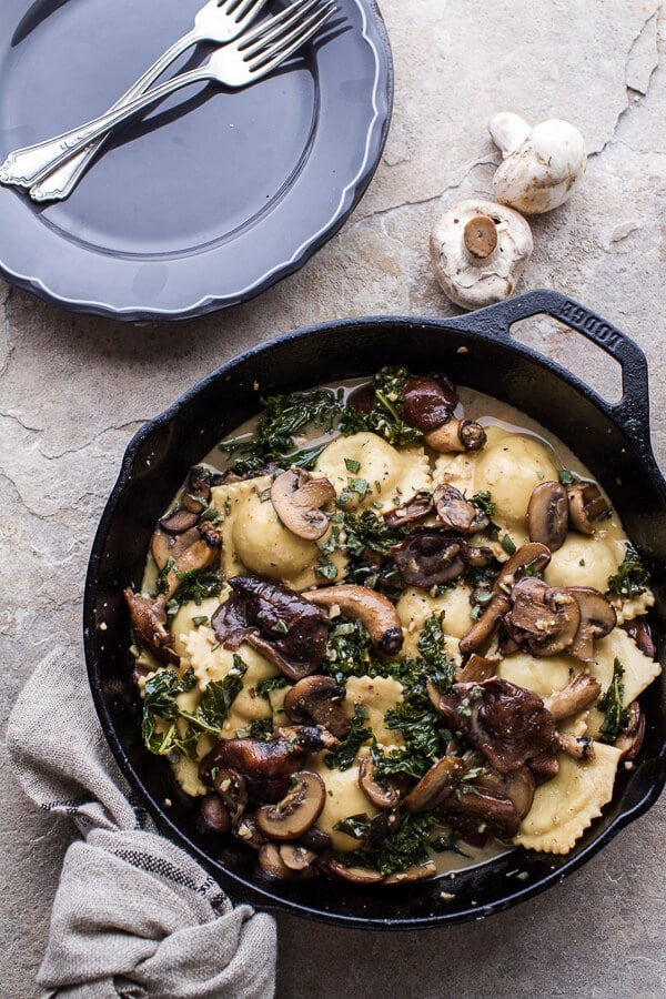 Taleggio Ravioli with Garlicy Butter Kale and Mushroom Sauce + Toasted Pine Nuts | halfbakedharvest.com @hbharvest