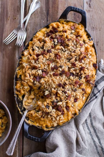 Butternut Squash + Brussels Sprouts Mac n’ Cheese with Buttery Bacon Ritz Crackers.