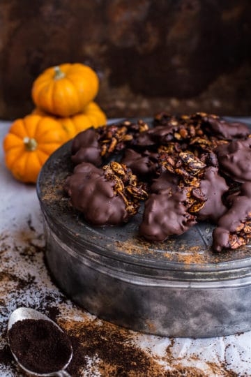Coffee Roasted Pumpkin Seed Snack Clusters…Dipped in Chocolate.