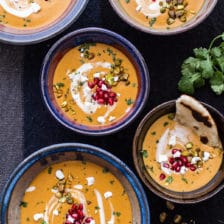 Moroccan Butternut Squash and Goat Cheese Soup w/Coconut Ginger Cream + Pistachios.