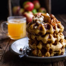 Overnight Cider Pumpkin Waffles w/Toasted Pecan Butter, Cider Syrup + Spiced Apples.