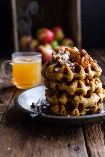Overnight Cider Pumpkin Waffles w/Toasted Pecan Butter, Cider Syrup + Spiced Apples.