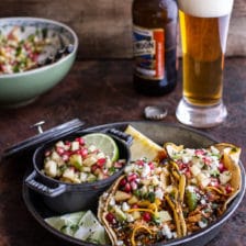 Spicy Cider Beer Braised Chicken Enchilada Tacos w/Sweet Chili Apple-Pomegranate Salsa.