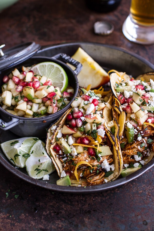 Spicy Cider Beer Braised Chicken Enchilada Tacos w-Sweet Chili Apple-Pomegranate Salsa | halfbakedharvest.com @hbharvest