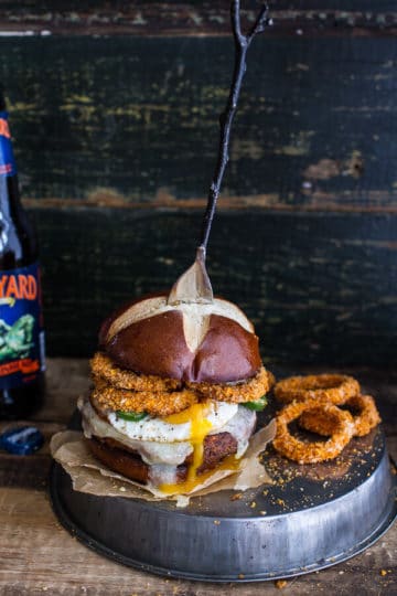 Sweet Potato Black Bean Chili Burgers w/Baked Cheddar Beer Onion Rings.