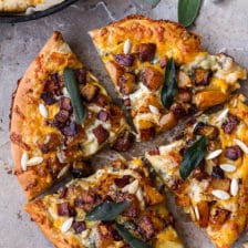 Sweet 'n' Spicy Roasted Butternut Squash Pizza w/ Cider Caramelized Onions + Bacon.