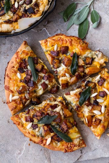 Sweet ‘n’ Spicy Roasted Butternut Squash Pizza w/ Cider Caramelized Onions + Bacon.