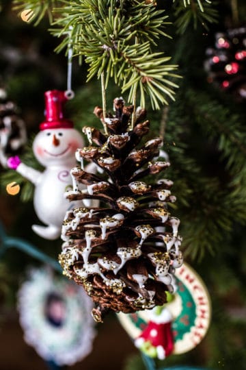 Homemade Holidays: Snowy, Sparkly Pine Cone Ornaments.