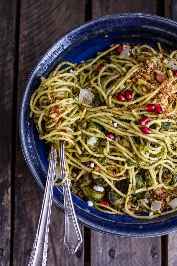 Manchego Brussels Sprout + Prosciutto Spaghetti w/Brown Butter Pistachio Pangrattato | halfbakedharvest.com @hbharvest