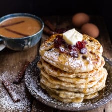 Rum and Cranberry Pancakes with Butter Rum Syrup.