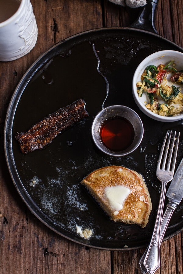 Breakfast for Dinner w/Buttermilk Ricotta Pancakes with Maple Candied Bacon + Eggs | halfbakedharvest.com @hbharvest