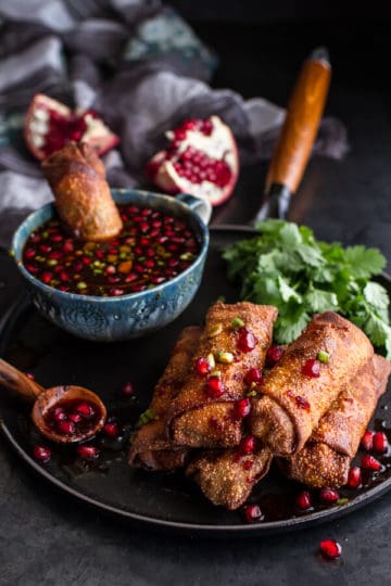 Chinese Chicken and Brussels Sprouts Egg Rolls with Sweet Chile Pomegranate Sauce.