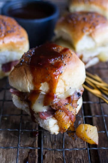 Ham and Cheese Sandwiches w/Bacon, Pineapple Caramelized Onions + Jerk BBQ Sauce.