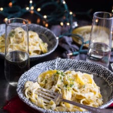 One-Pan Baked Champagne Cream Sauce Fettuccine with Truffle Oil.