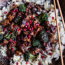 Pomegranate Sesame Chicken with Ginger Rice Pilaf.