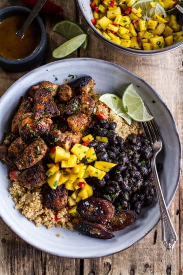 Cuban Chicken and Black Bean Quinoa Bowls with Fried Bananas.