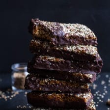 Dark Chocolate Dipped Crunchy Coconut Cashew Sesame Bars.