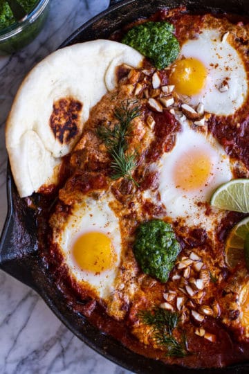 Indian Style Baked Eggs with Green Harissa + Naan.