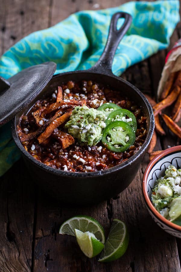 Spicy Black Bean and Lentil Chili with Cotija Guacamole + Chipotle Sweet Potato Fries | Holiday Detox- The Mean Green Smoothie | halfbakedharvest.com @hbharvest