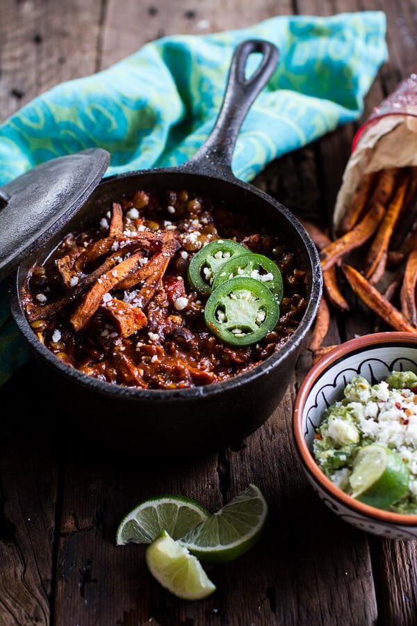 Spicy Black Bean and Lentil Chili with Cotija Guacamole + Chipotle Sweet Potato Fries-5