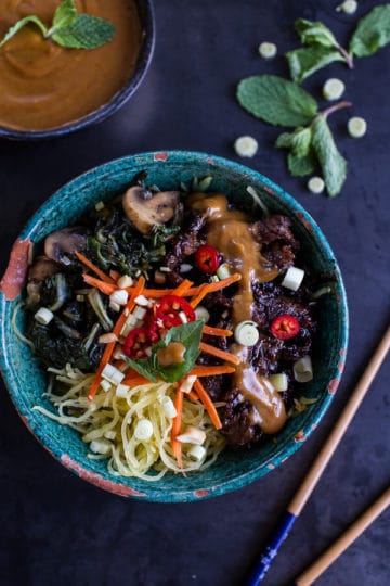 Vietnamese Lemongrass Beef and Spaghetti Squash Noodle Bowls with Peanut Sauce.