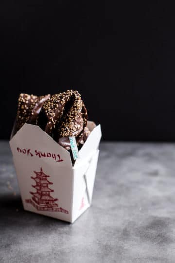 Chocolate Covered Toasted Sesame Fortune Cookies.