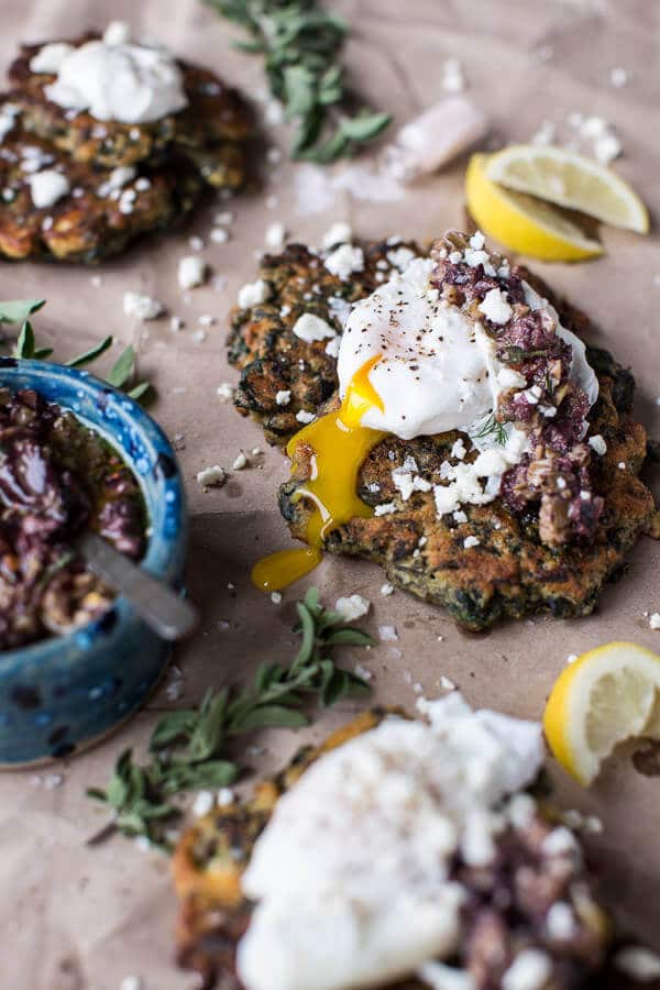 Greek Feta Chickpea Pancake Fritters with Poached Eggs + Olive Tapenade | halfbakedharvest.com @hbharvest