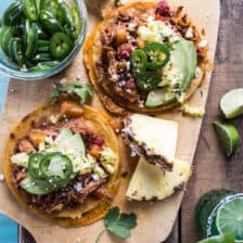 Pineapple Chicken Tinga Quesadilla Tostadas with Tequila Lime Pickled Jalapeño's.