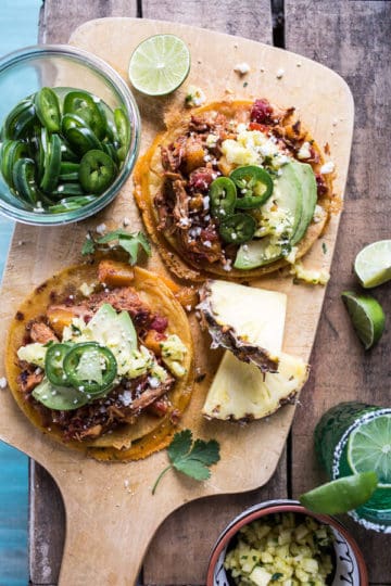 Pineapple Chicken Tinga Quesadilla Tostadas with Tequila Lime Pickled Jalapeño’s.