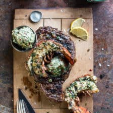 Surf and Turf: Steak and Lobster with Spicy Roasted Garlic Chimichurri Butter.