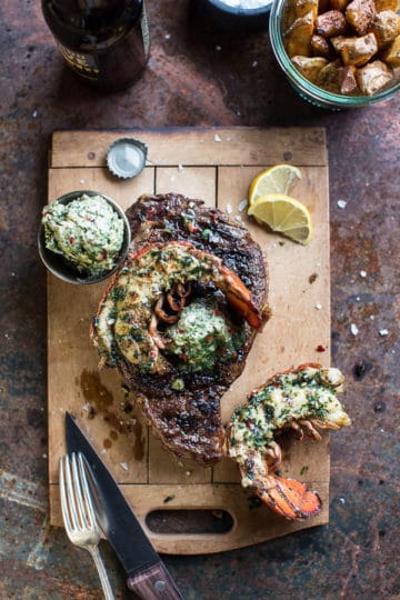 Surf and Turf: Steak and Lobster with Spicy Roasted Garlic Chimichurri Butter.