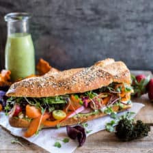 California Rainbow Veggie Sub with Goddess Dressing + BBQ Kale Chips.