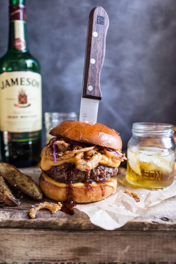 Jameson Whiskey Blue Cheese Burger with Guinness Cheese Sauce + Crispy Onions | halfbakedharvest.com @hbharvest