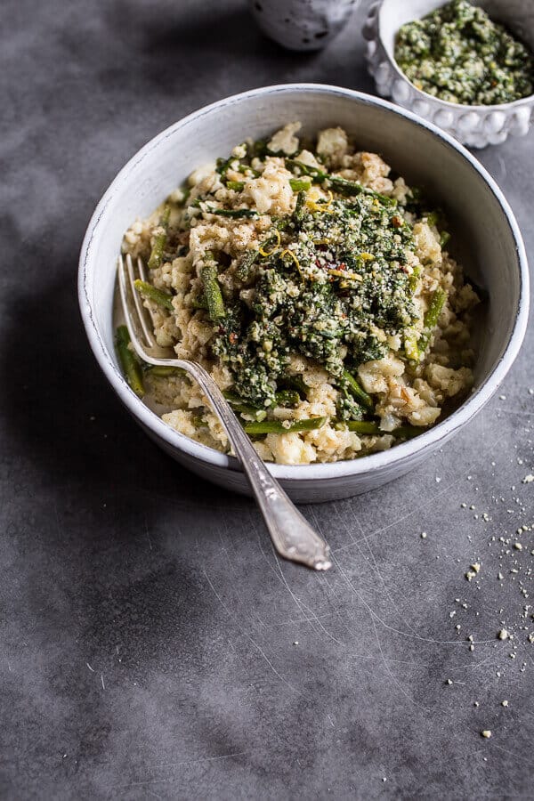 Quick Cauliflower “Risotto” with Asparagus + Cilantro-Basil Hemp Seed Pesto | halfbakedharvest.com @hbharvest