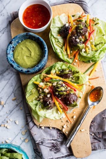 Vietnamese Meatball Lettuce Wraps with Mango Salad + Cilantro-Basil Cashew Sauce.