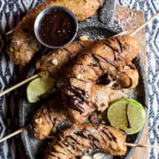 Banana Fritters On a Stick with Peanut Sugar + Mexican Chocolate Sauce.