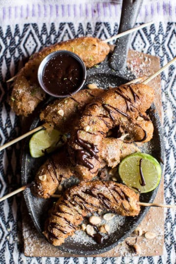 Banana Fritters On a Stick with Peanut Sugar + Mexican Chocolate Sauce.