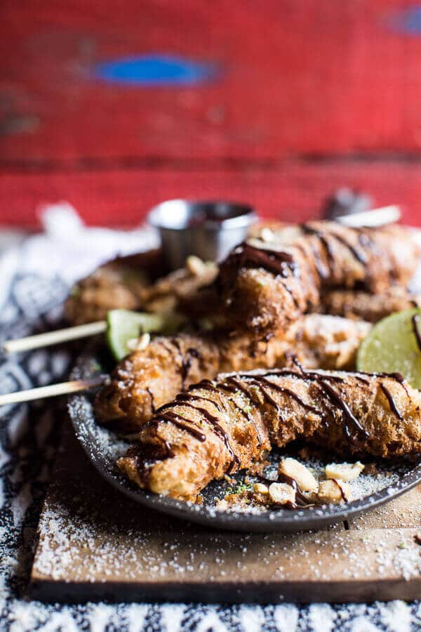 Banana Fritters On a Stick with Peanut Sugar + Mexican Chocolate Sauce | halfbakedharvest.com @hbharvest