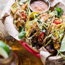 Bulgogi BBQ Pork Tacos with Charred Tomatillo Sesame Sauce + Spring Onion Slaw.