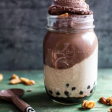 Chocolate Peanut Butter Bubble Panna Cotta with Honey Roasted Peanuts.