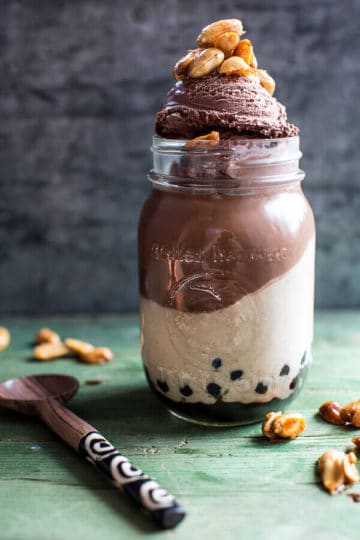 Chocolate Peanut Butter Bubble Panna Cotta with Honey Roasted Peanuts.