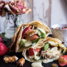 Honey Mustard Pretzel Crusted Chicken and Brie Crepes with Strawberry Basil Salsa.