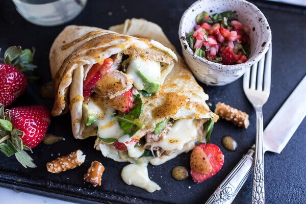 Honey Mustard Pretzel Crusted Chicken and Brie Crepes with Strawberry Basil Salsa | halfbakedharvest.com @hbharvest