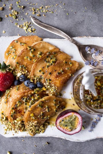 Lemon Ricotta Stuffed Syrian Pancakes with Lavender Passionfruit Syrup.