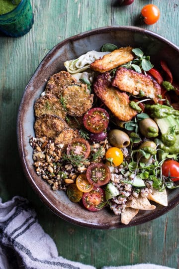 Greek Goddess Grain Bowl with “Fried” Zucchini, Toasted Seeds and Fried Halloumi.