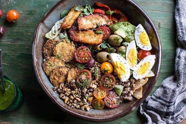 Greek Goddess Grain Bowl with “Fried” Zucchini, Toasted Seeds and Fried Halloumi | halfbakedharvest.com @hbharvest