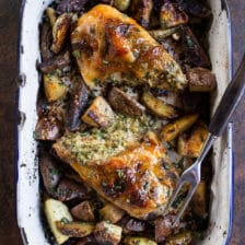 One-Pan Apricot Walnut and Brie Stuffed Chicken Breast with Roasted Potatoes.