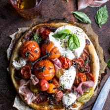 Quick Balsamic Fig Roasted Tomato and Burrata Cheese Tarts.